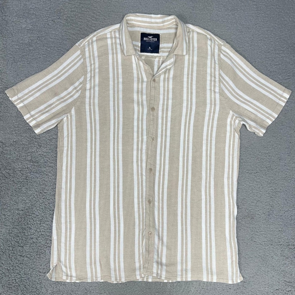 Hollister California Shirt Mens XL Beige Striped Textured Resort Weave Button Up